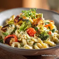 Cheesy Creamy Vegan Pasta Primavera with Roasted Veggies