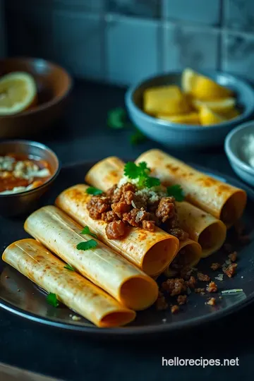 Crispy Beef Flautas with Savory Dipping Sauce presentation