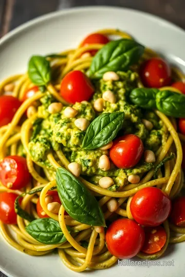 Raw Vegan Zucchini Linguine with Avocado Pesto presentation