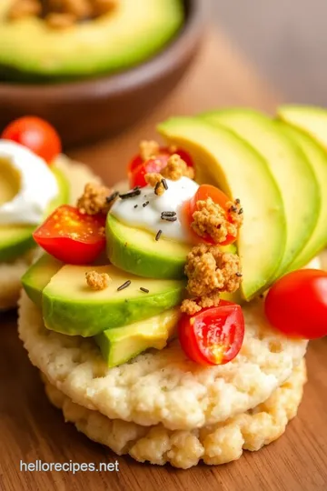 Savory Quaker Rice Cakes with Avocado Cream and Toppings presentation