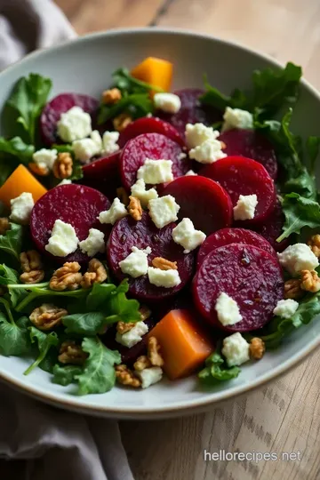 Roasted Golden Beet and Goat Cheese Salad with Honey-Lemon Dressing presentation
