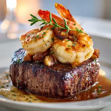 Surf and Turf: Bistro Filet Mignon with Garlic Prawns Recipe Card