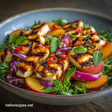 25Minute Grilled Halloumi Peach Summer Salad MintChilli Vinaigrette Recipe Card