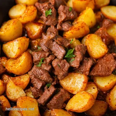 OnePan Honey Beef Crispy Potatoes Sticky Easy Dinner Recipe Card