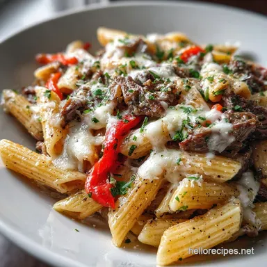 recipephilly cheesesteak pasta Creamy Baked in 30 Minutes Recipe Card