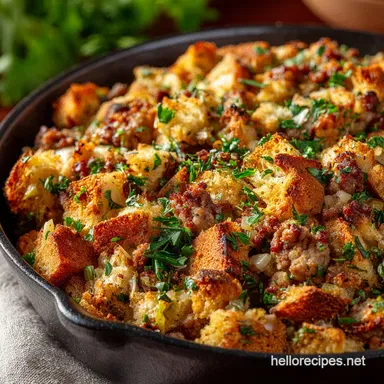 Sausage Stuffing: Robust, Moist, and Crispy Oven Baked Stuffing Recipe Card
