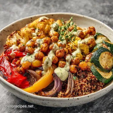 Quinoa Chickpea Power Bowl with Roasted Vegetables and Lemon Tahini Dressing: Baked Recipe Card