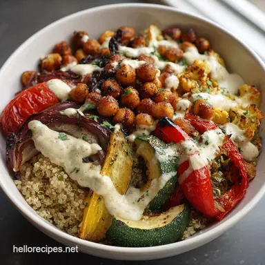 Quinoa Chickpea Power Bowl with Roasted Vegetables and Lemon Tahini Dressing: Baked
