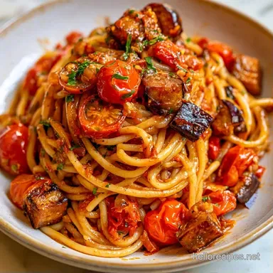 Eggplant Tomato Pasta for 4 Servings Recipe Card