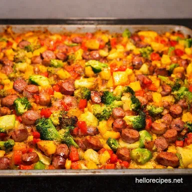 Sausage Veggie Sheet Pan Rainbow Dinner Easy Cleanup Recipe Card