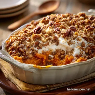 Southern Sweet Potato Casserole with Rich Creamy Pecan Streusel Recipe Card