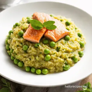 Spring Food Perfection Pea Mint Risotto with Salmon Recipe Card
