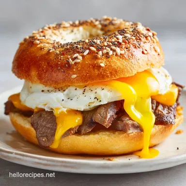 Steak Egg and Cheese Bagel: Gourmet Breakfast Sandwich Recipe Recipe Card