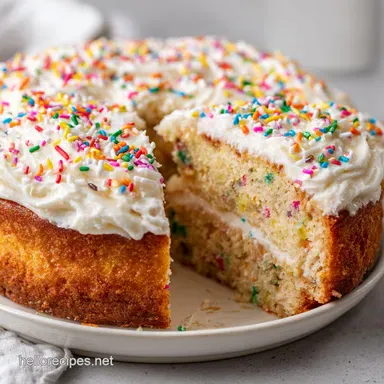 Birthday Cake Idea with Vanilla Frosting for 14 Servings Recipe Card