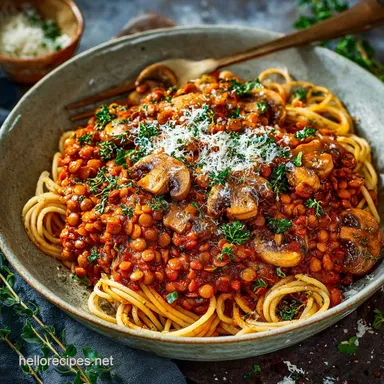 Vegan Bolognese with Mushrooms and Red Lentils Ultimate Comfort Ragu Recipe Card