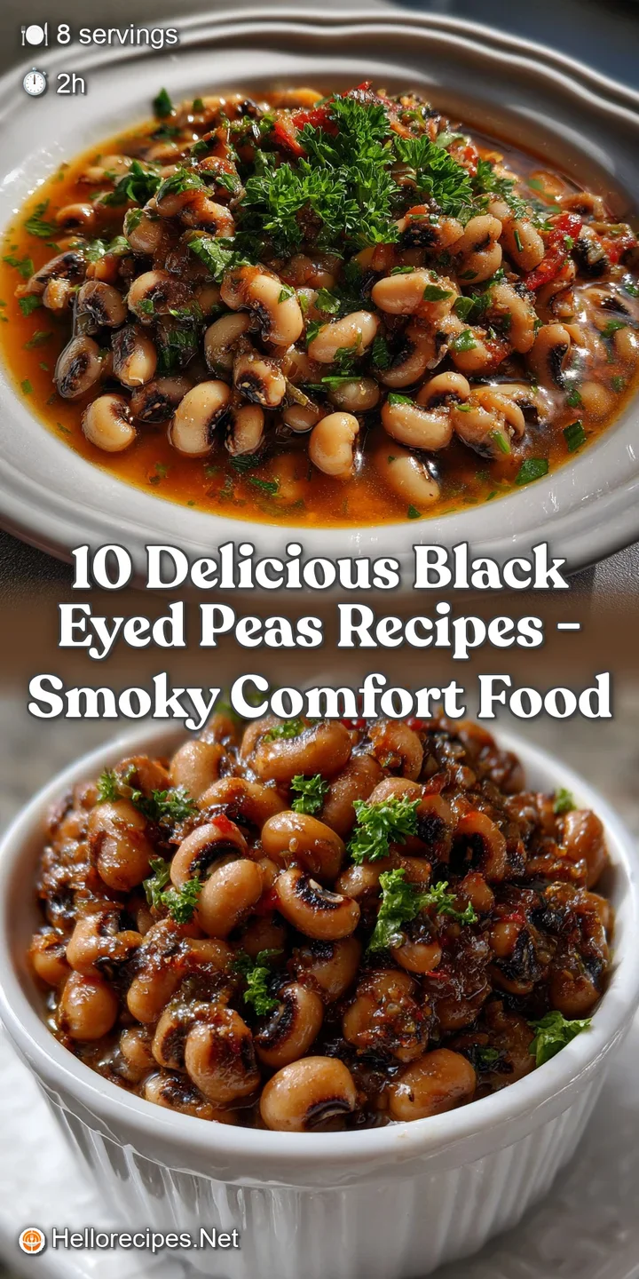 Close-up of tender black-eyed peas, showcasing their smooth texture and a deep, inviting color, perfectly seasoned with he...