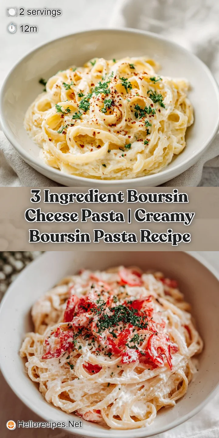 Close-up of tender pasta strands coated in a glossy, herb-flecked Boursin cheese sauce.