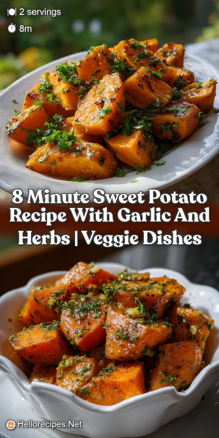 Close-up view of steaming sweet potatoes, tender with visible garlic and herbs, showcasing a burst of inviting colors and ...