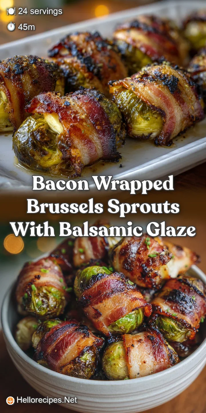 Close-up of sizzling bacon-wrapped Brussels sprouts, showcasing a perfect balance of crispy bacon and tender, roasted spro...