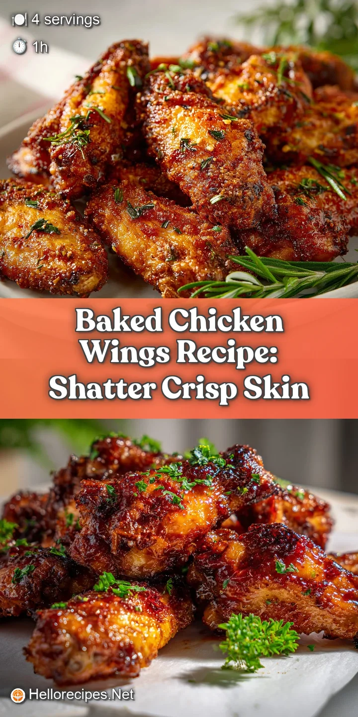 Close-up of glistening, baked chicken wings, showcasing their crispy texture and rich color, promising a flavorful and sat...