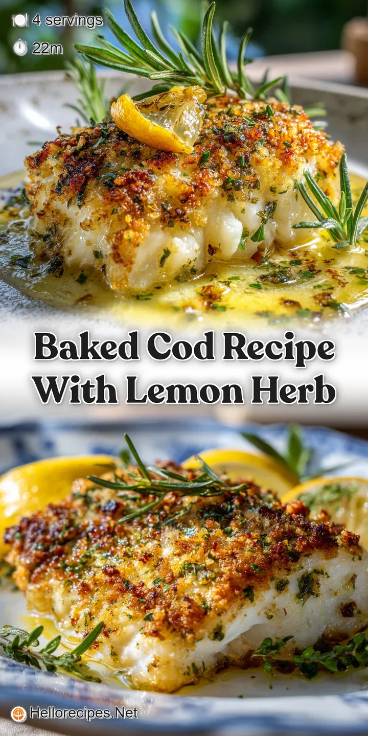 Close-up of tender baked cod, glistening with lemon herb oil, showcasing moist texture and vibrant herbal garnish, making ...
