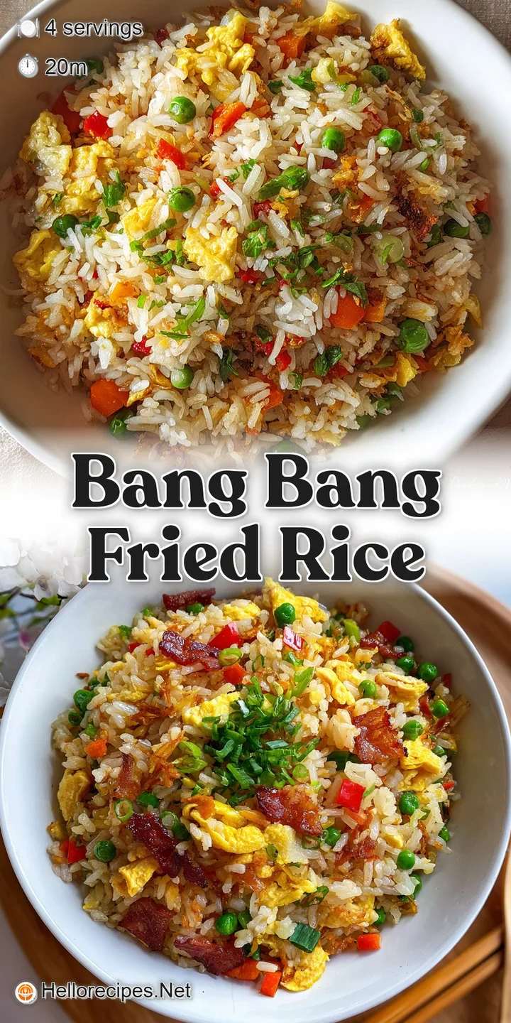 Close-up of glistening Bang Bang fried rice showcasing tender chicken, plump shrimp, and crisp vegetables coated in a rich...