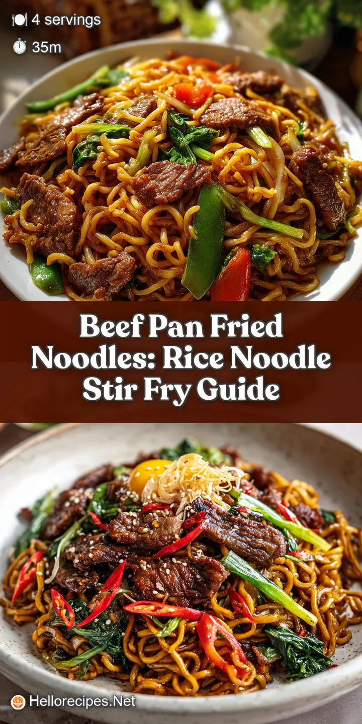 Close-up shot of glistening pan-fried noodles tangled with savory beef. Dark brown sauce coats every strand, promising a f...