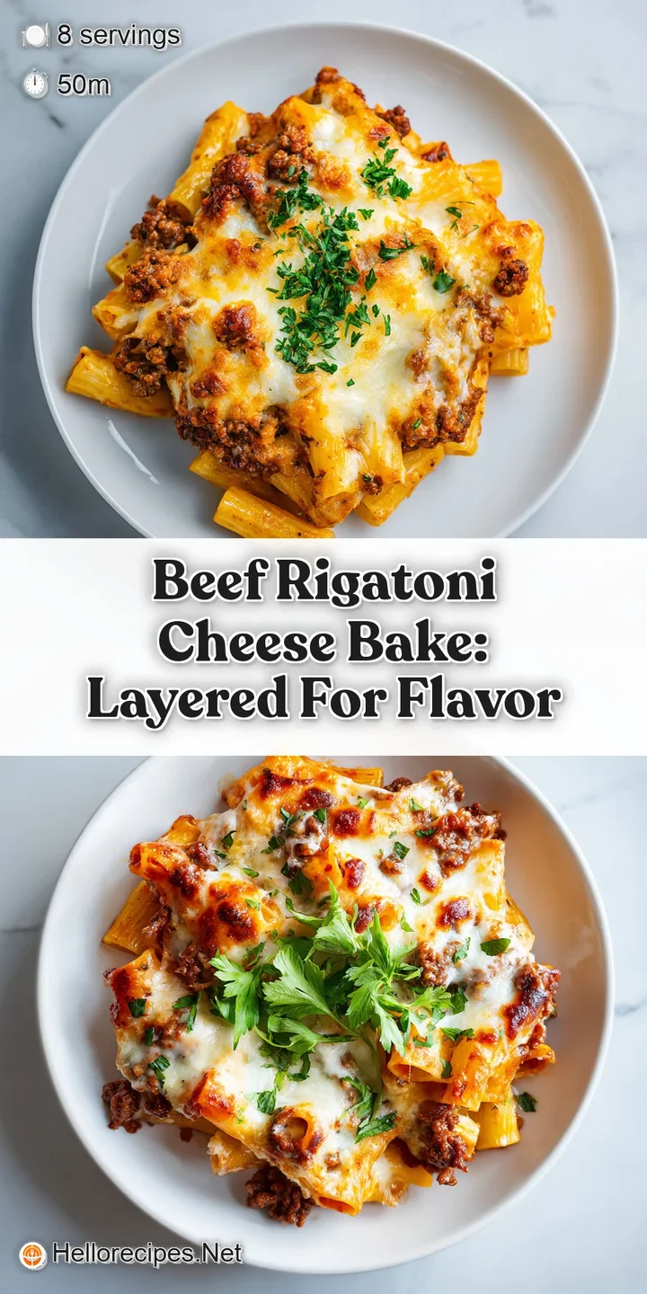 Close-up of rigatoni: Beefy tomato sauce clinging to pasta, bubbly cheese top, hints of herbs. Rustic, hearty and inviting.