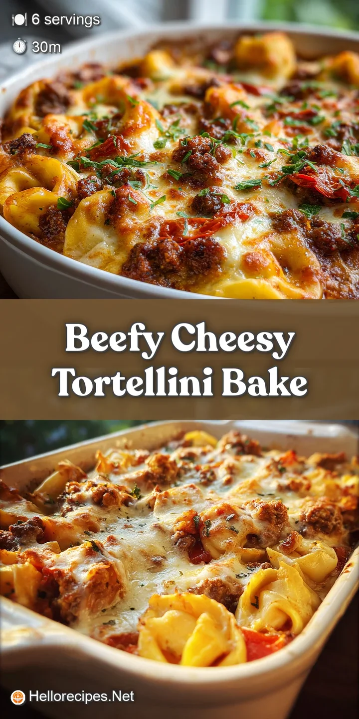 Close-up: A bubbling, cheesy crust gives way to tender tortellini and rich, meaty sauce. Steam rises, hinting at a satisfy...