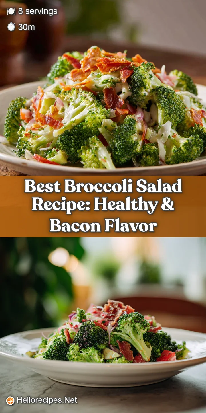 Close-up of broccoli salad highlighting the crunchy texture of the florets, smoky bacon bits, and creamy, slightly glisten...