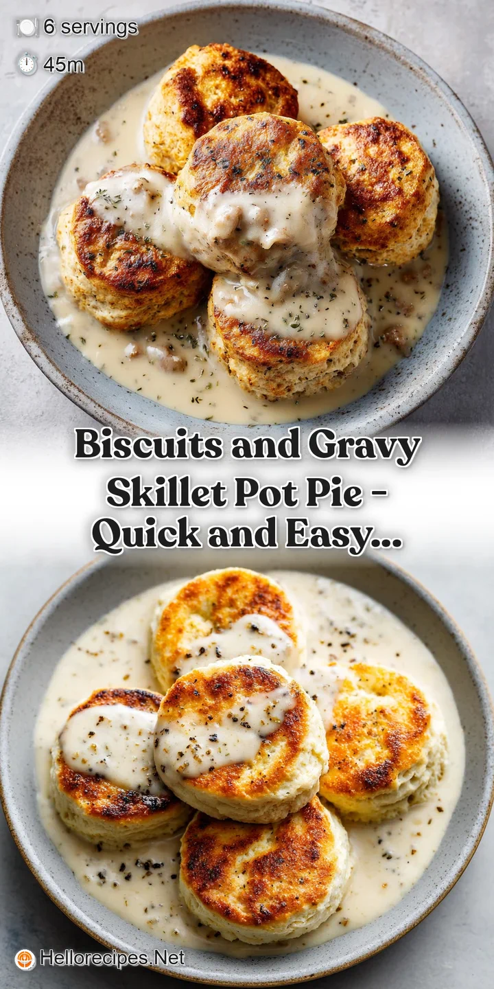 Close-up of bubbling creamy white gravy with browned sausage bits under a crisp, buttery, golden-brown crust.