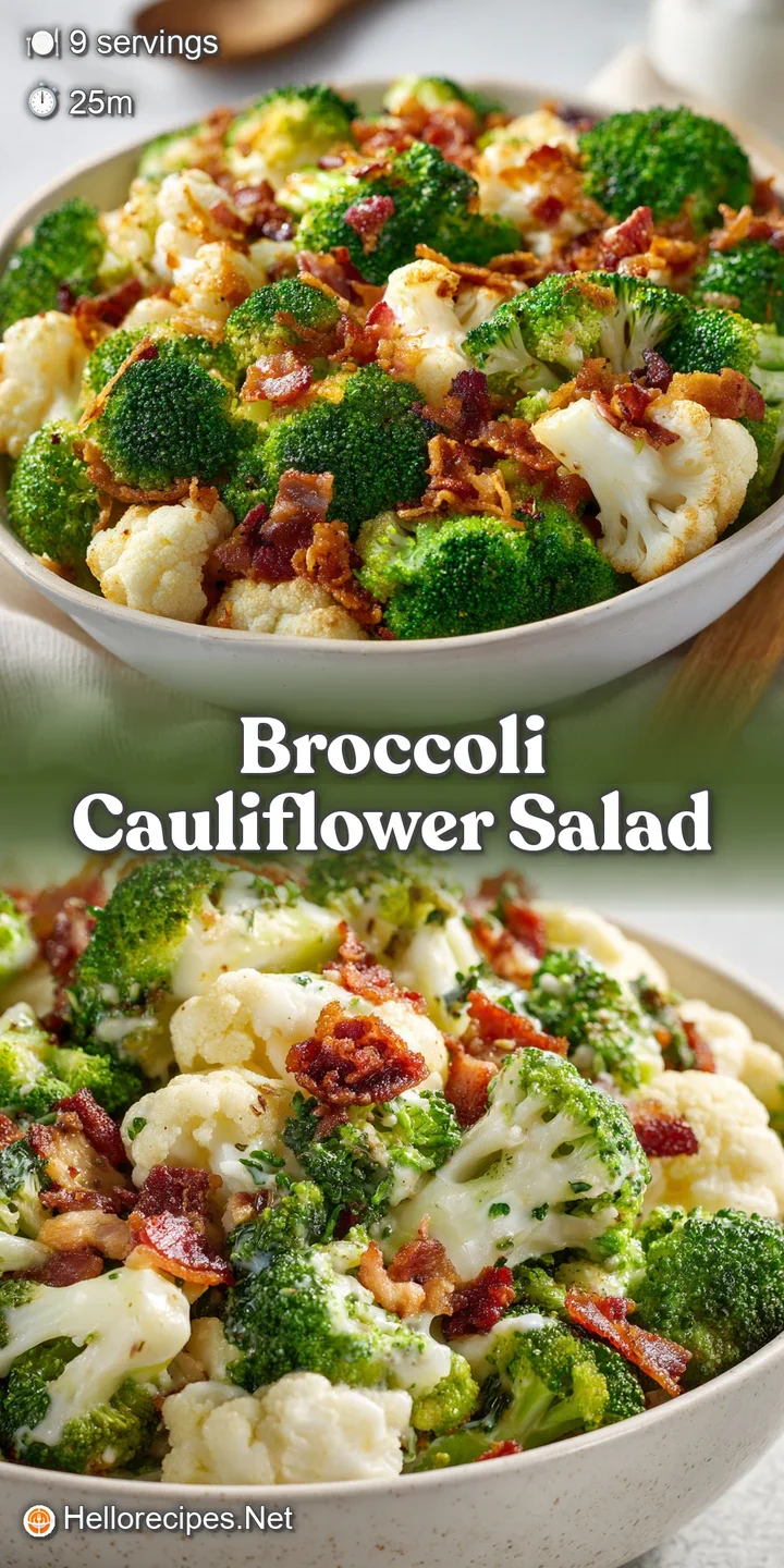 Close-up captures the textures of broccoli and cauliflower florets tossed in a rich, creamy sauce with salty bacon pieces....