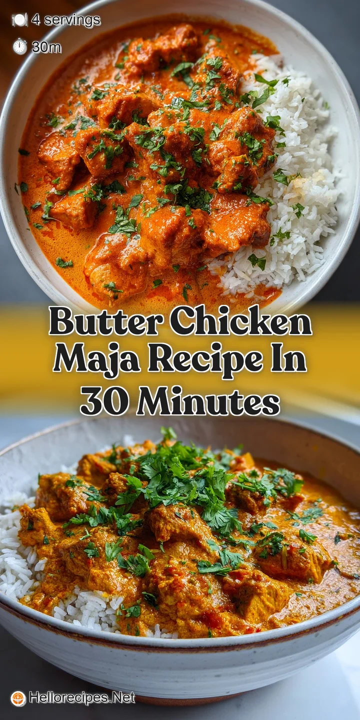 Close-up showcases the creamy, deeply colored butter chicken with visible spices and glistening sauce, hinting at rich fla...