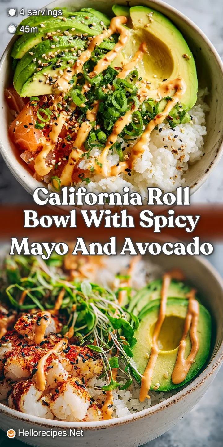 Close-up of a California roll bowl; tender avocado slices juxtaposed with bright orange fish roe and a creamy, spicy mayo ...