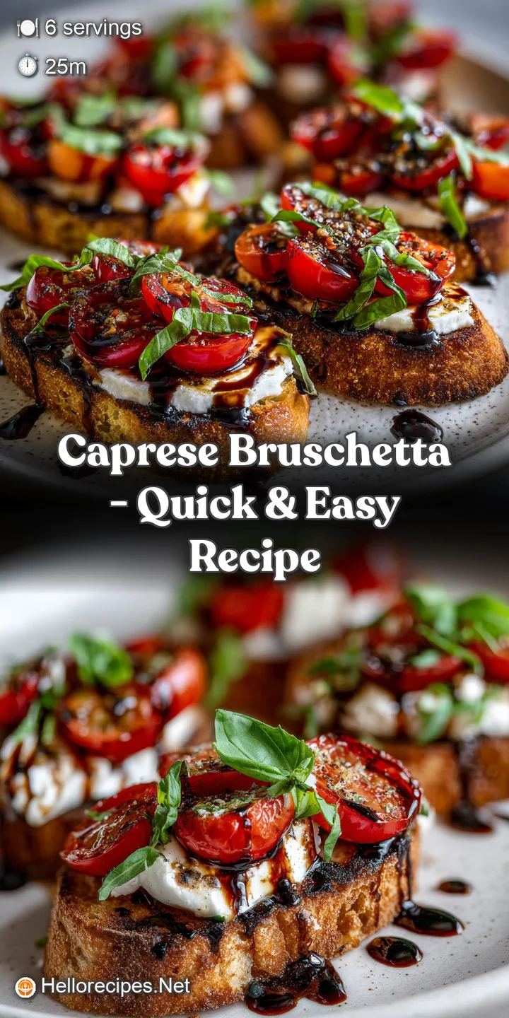 Close-up of Caprese bruschetta highlighting juicy tomato, soft mozzarella, and fragrant basil on crusty bread. A drizzle o...