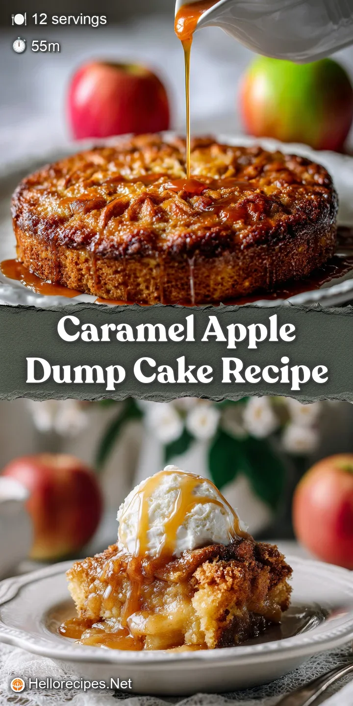 Close-up of a warm, gooey caramel apple dump cake highlighting the soft apples and the crunchy, buttery topping.