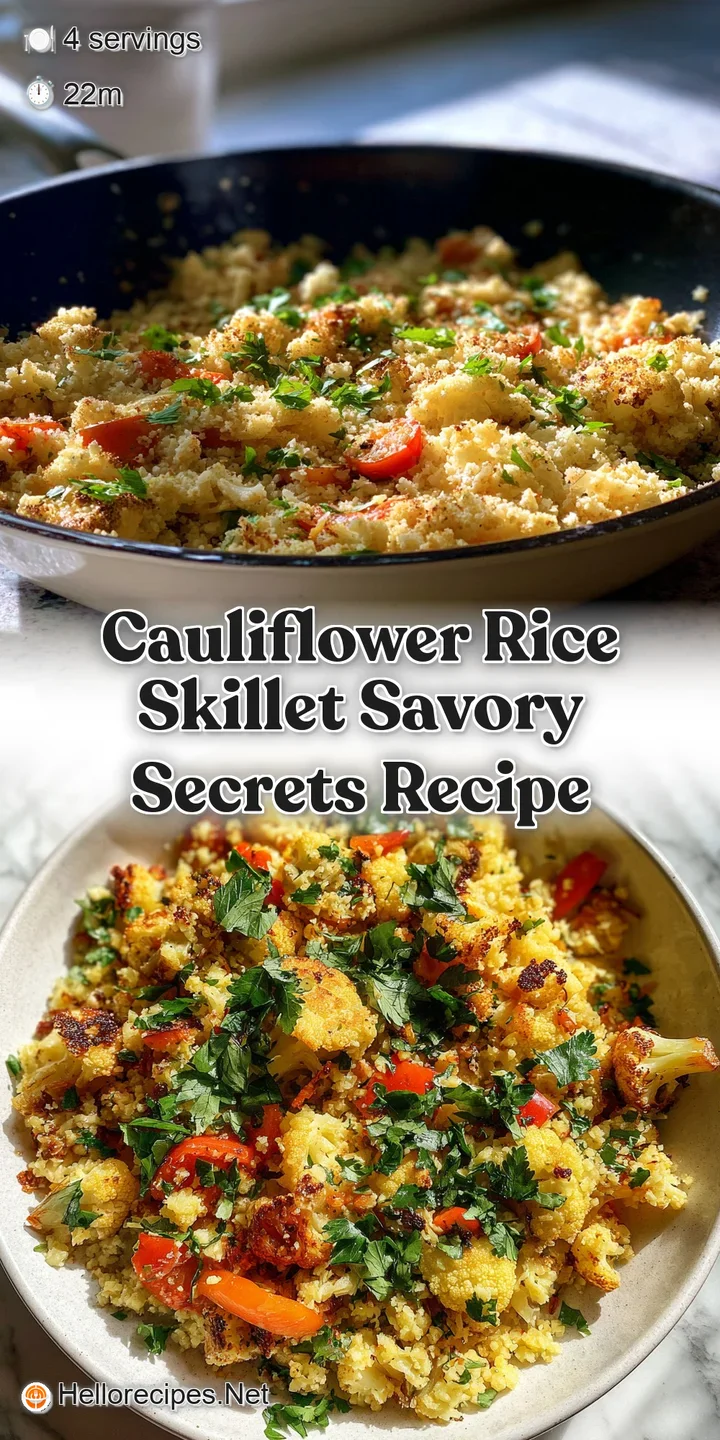 Close-up reveals the textures: tender cauliflower rice mingling with colorful diced veggies and fragrant herbs in this sav...
