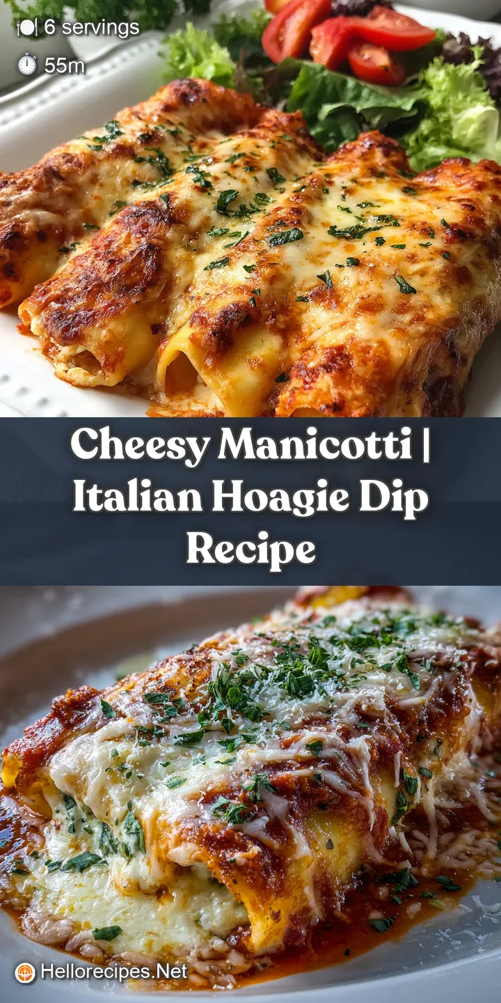 Close-up reveals browned cheese topping of a manicotti shell, with a glimpse of creamy ricotta filling and rich tomato sauce.