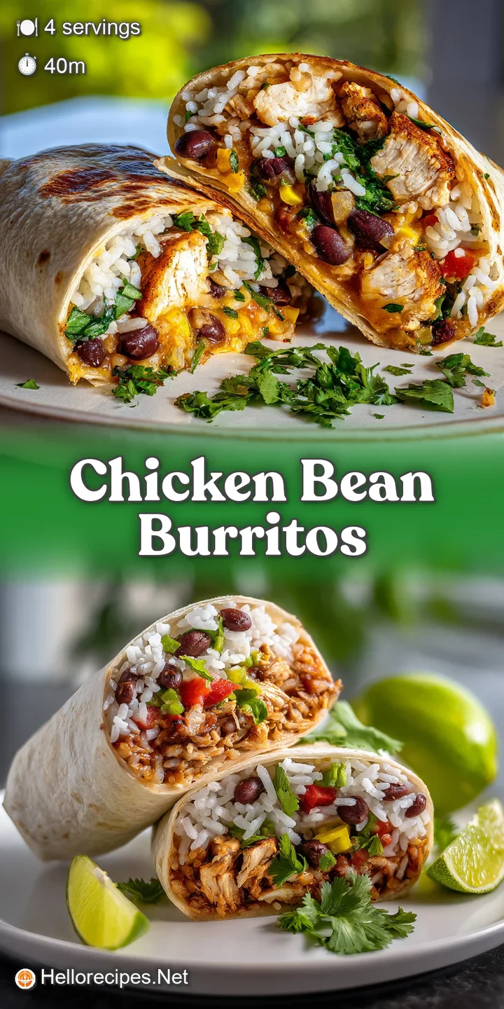 Close-up of a bubbling, golden-crusted burrito. The savory chicken and bean filling peeks through a crack in the baked tor...