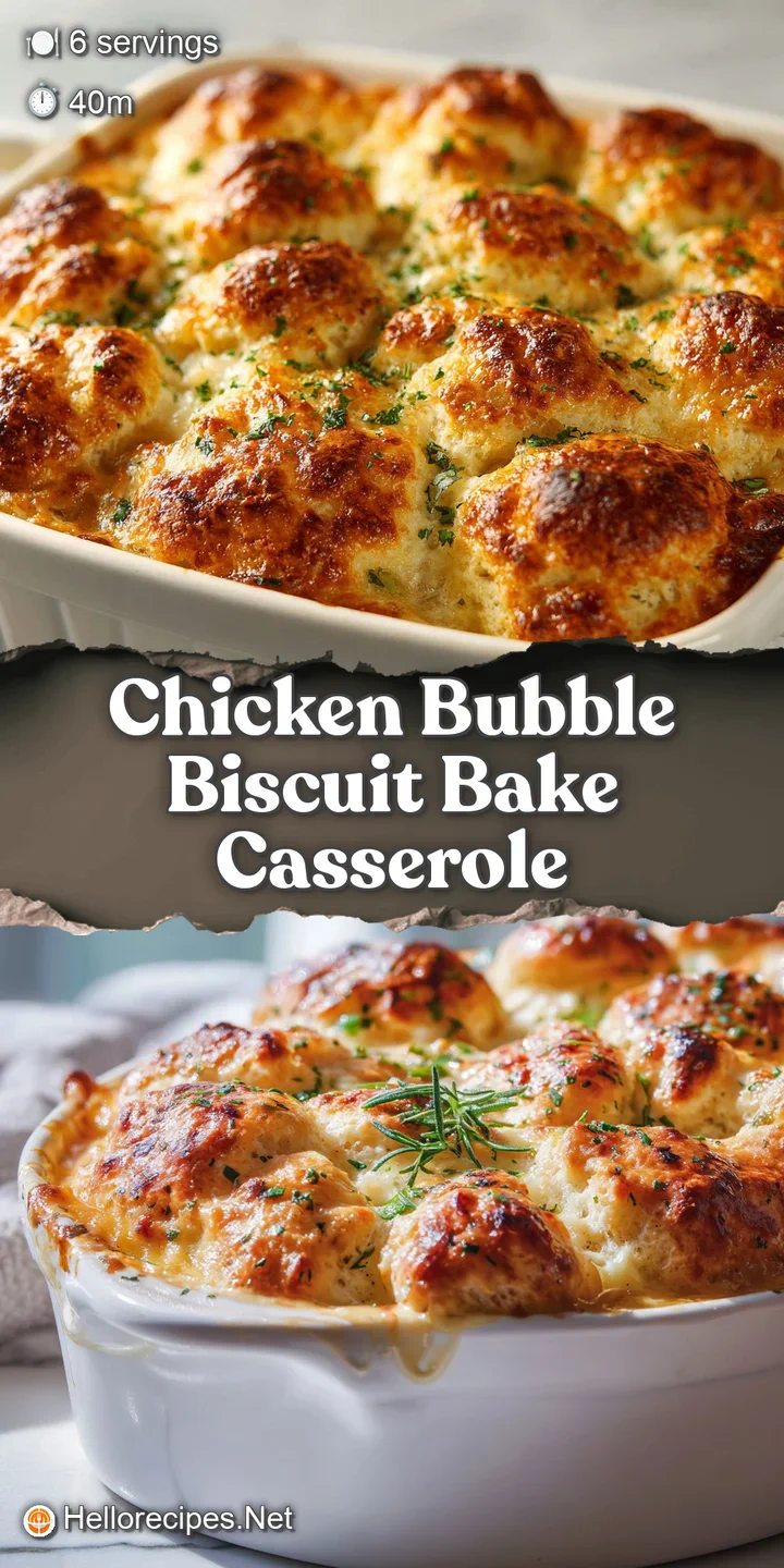 Close-up shows a bubbly, creamy chicken filling peeking out from under a crisp, golden-brown biscuit topping, hinting at a...