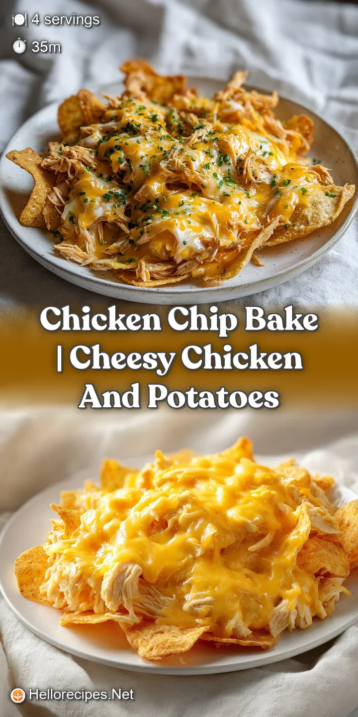 Close-up of melted cheese and crispy golden chips over tender chicken, showing a rich, creamy texture and steam.