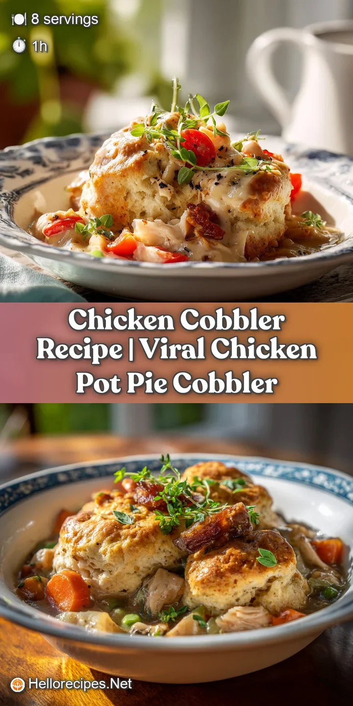 Close-up of tender chicken and creamy sauce peeking through a golden, baked cheddar biscuit topping.