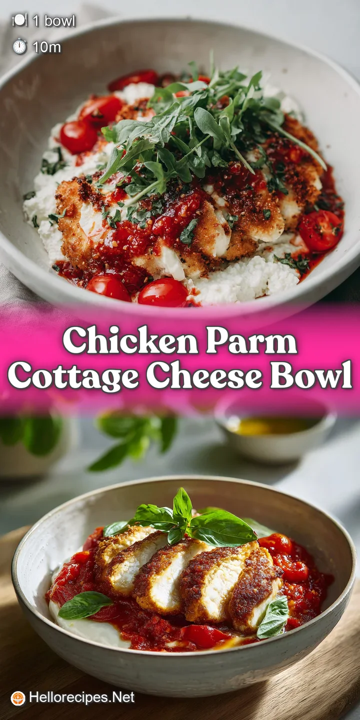 Close-up of golden-brown, crispy chicken with melted mozzarella, nestled on creamy white cottage cheese and a rich, textur...