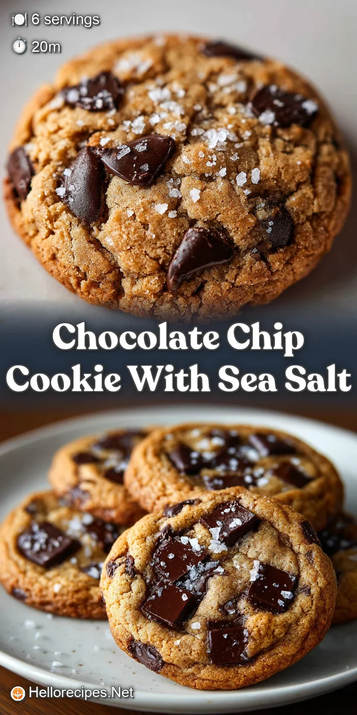 Close-up of a chocolate chip cookie with glistening salt. Molten chocolate pools on top, promising a gooey, irresistible b...