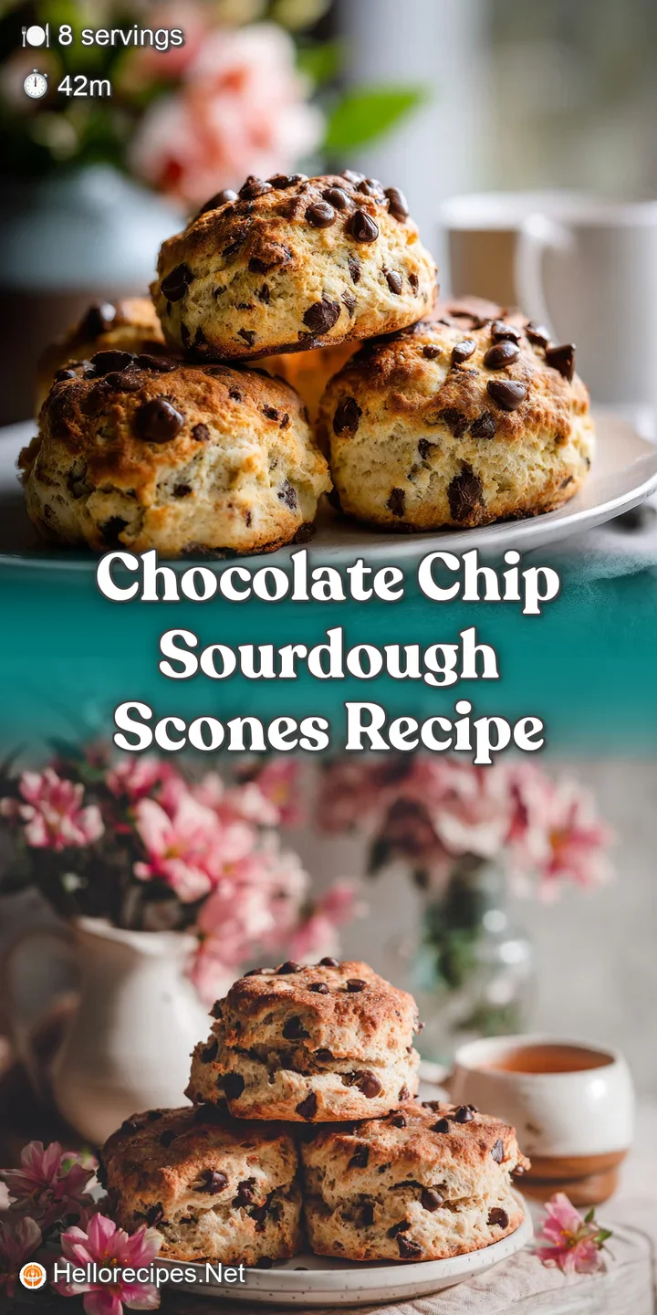 Up-close, textured shot of a chocolate chip sourdough scone; visibly crisp exterior gives way to a soft, chewy interior wi...