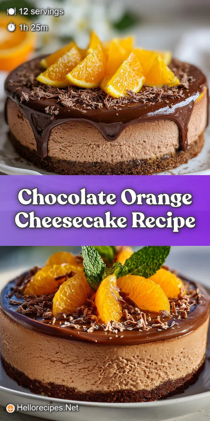 Creamy chocolate orange cheesecake up close, revealing layers of smooth filling and a crumbly biscuit base. Zesty and deep...