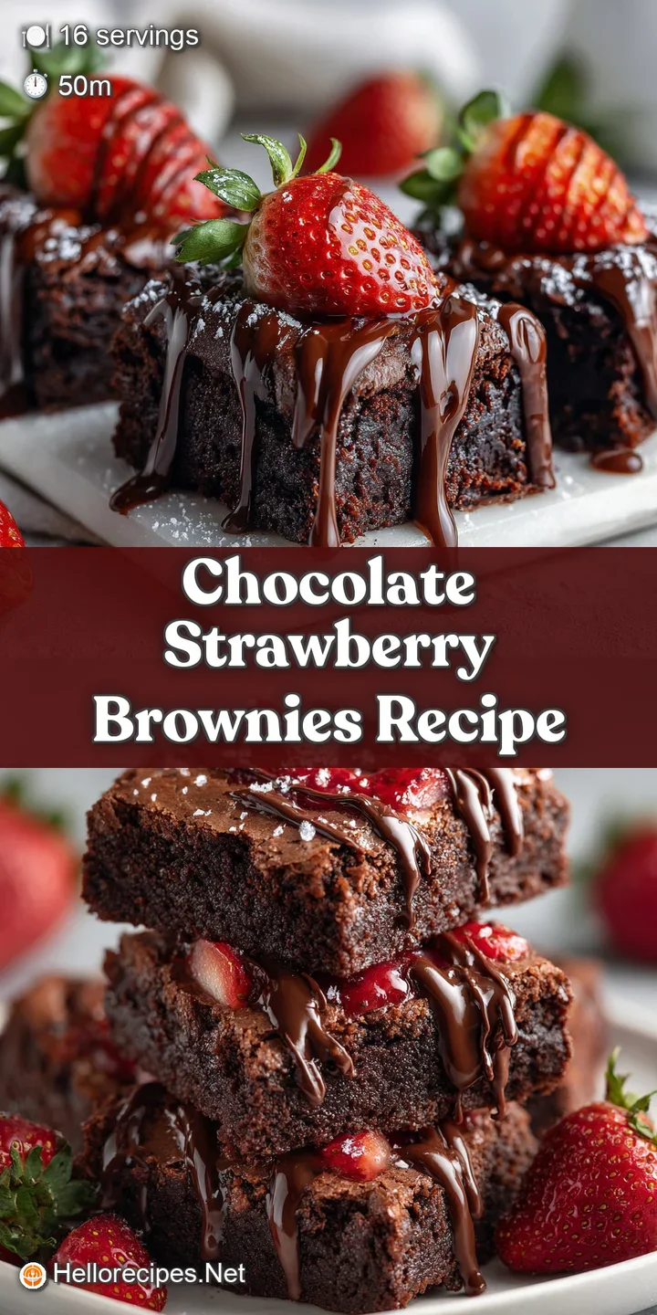 Close-up of a moist, fudgy chocolate brownie studded with juicy pieces of strawberry. The warm, melted chocolate looks irr...