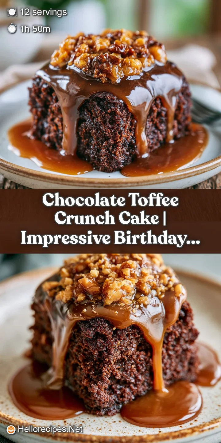 Extreme close-up of a moist chocolate crumb topped with glistening caramel and shards of amber-colored toffee sugar.