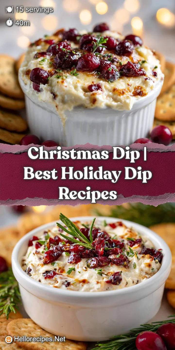 Close-up reveals the creamy texture of a layered holiday dip with vibrant bursts of red cranberries and fresh green herbs.