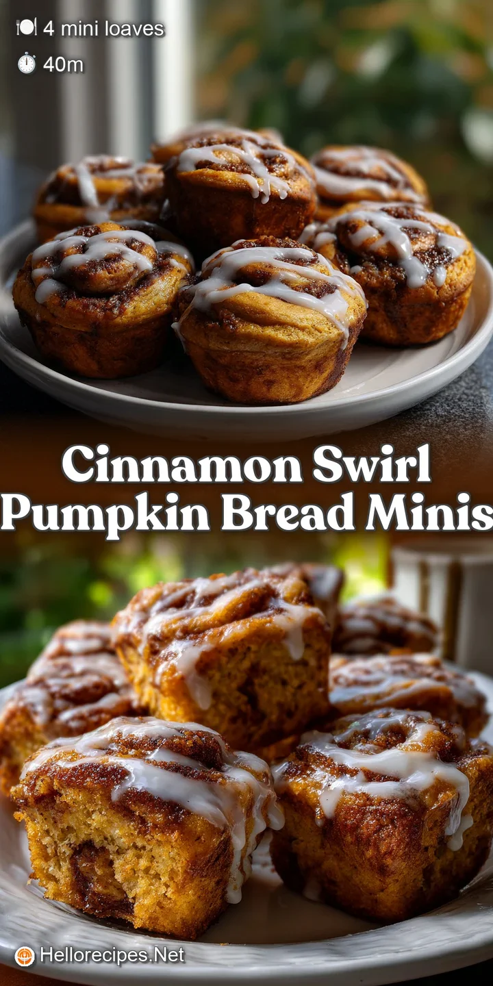 Close-up of a pumpkin bread mini, its moist crumb visible, the cinnamon swirl a delicious contrast against the orange hue.